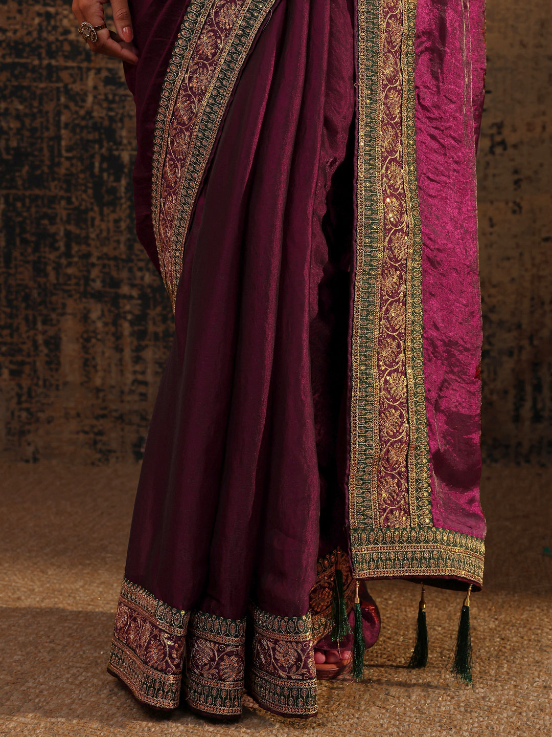 Burgundy Solid Tissue Saree With Unstitched Blouse Piece