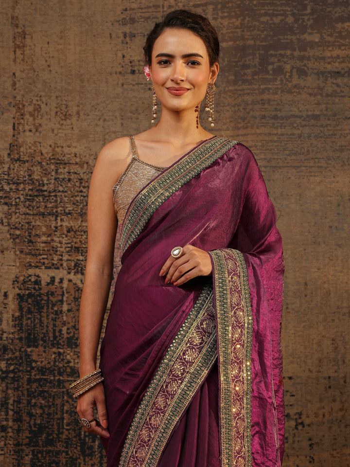 Burgundy Solid Tissue Saree With Unstitched Blouse Piece