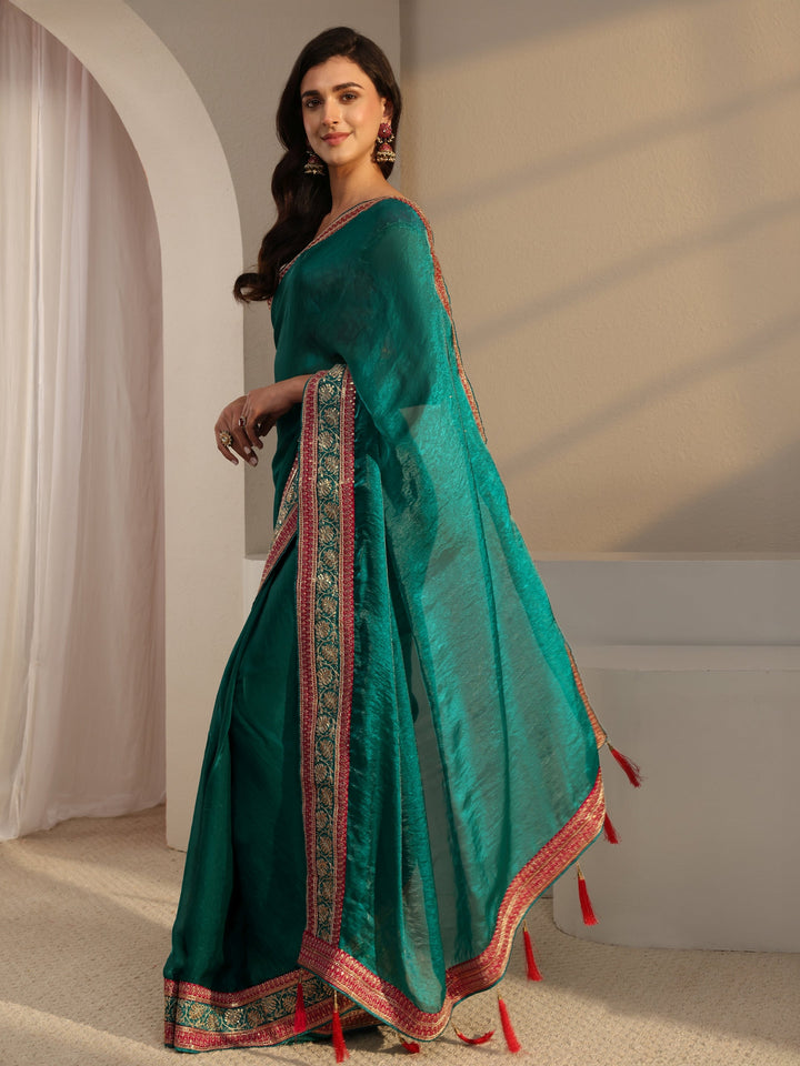 Green Solid Tissue Saree With Unstitched Blouse Piece