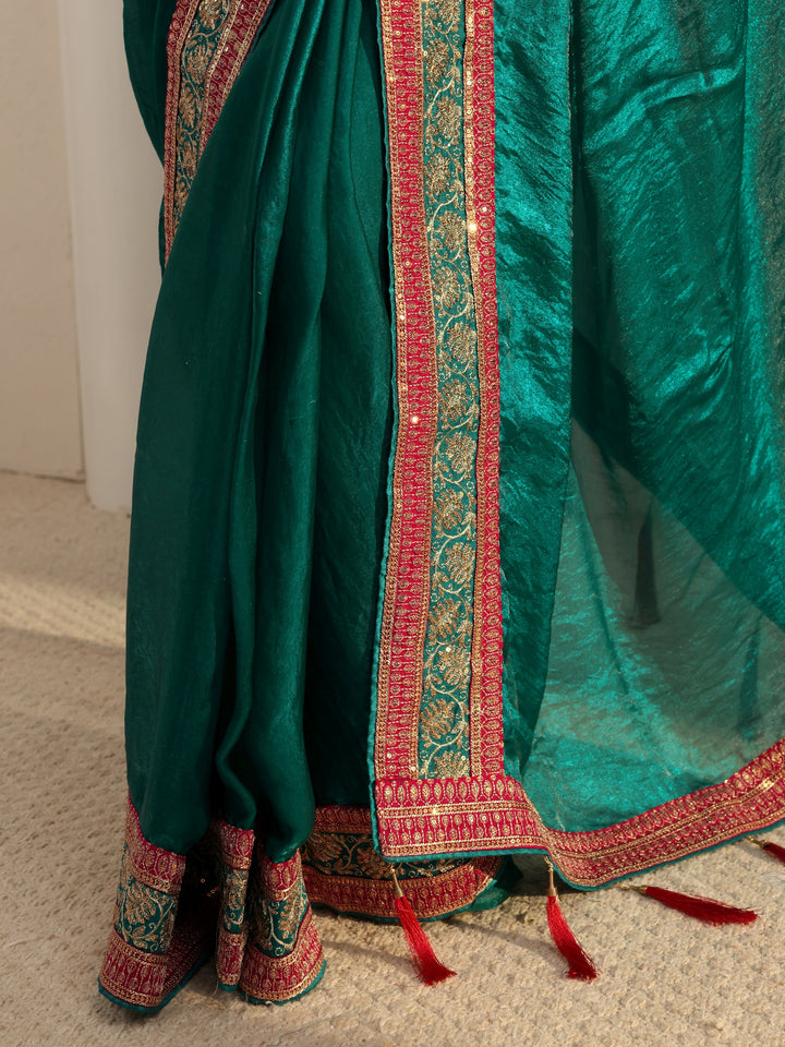 Green Solid Tissue Saree With Unstitched Blouse Piece