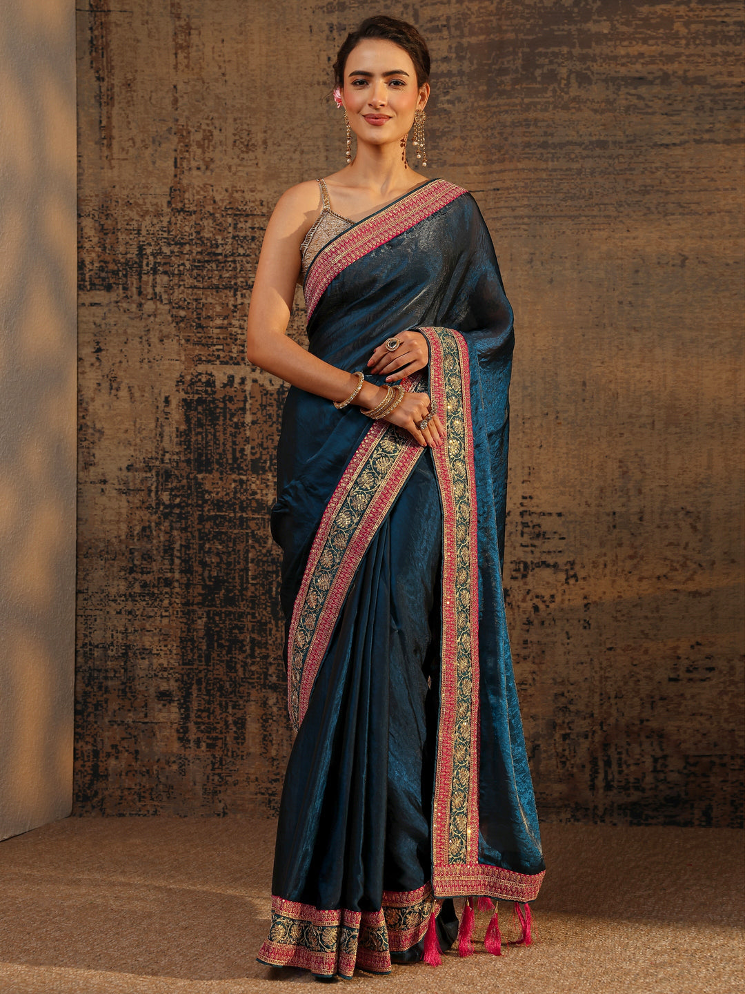 Navy Blue Solid Tissue Saree With Unstitched Blouse Piece