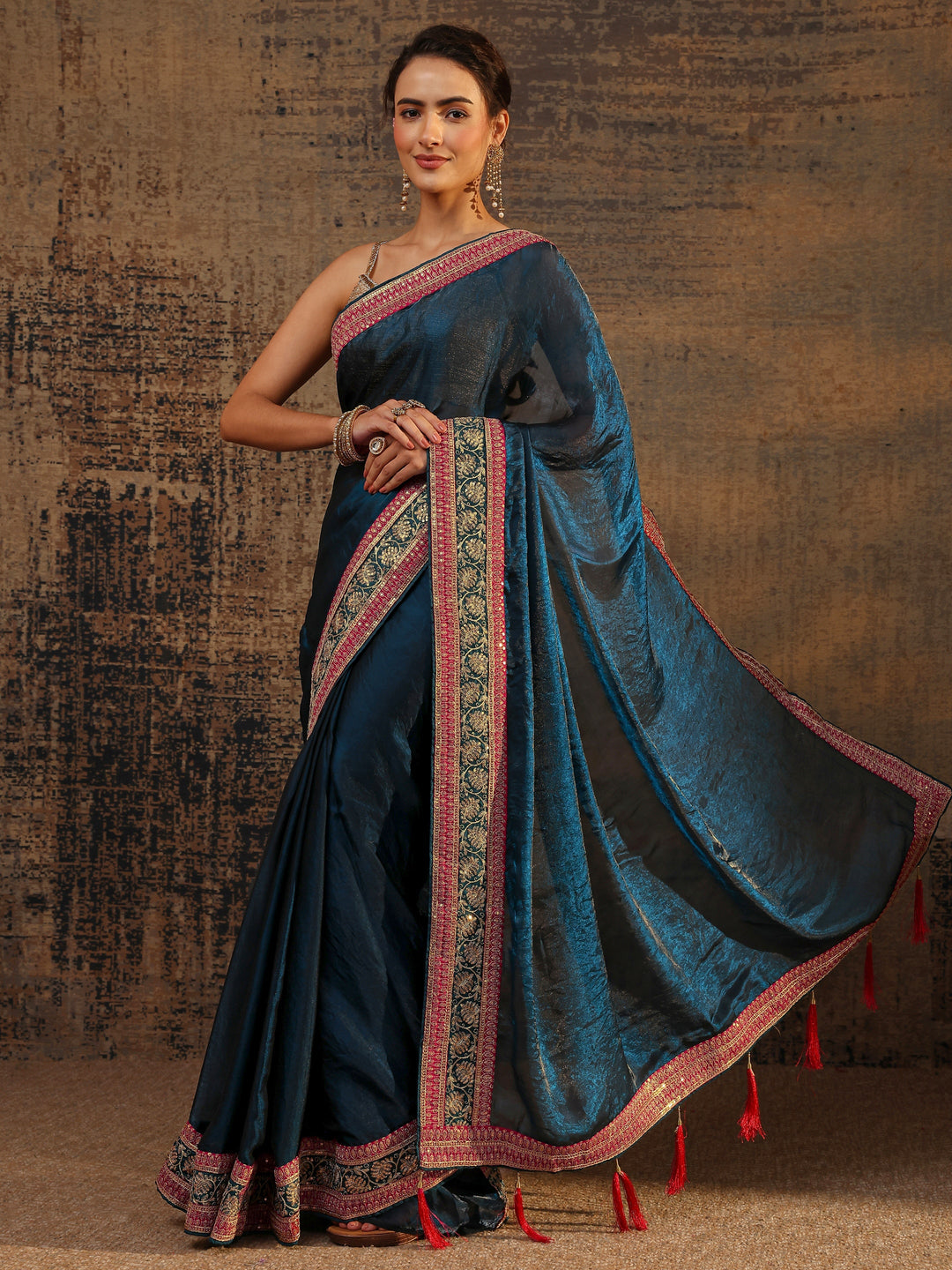 Navy Blue Solid Tissue Saree With Unstitched Blouse Piece