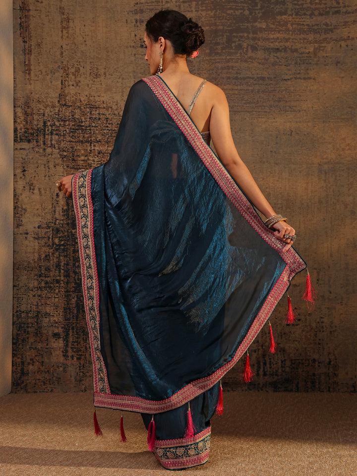 Navy Blue Solid Tissue Saree With Unstitched Blouse Piece