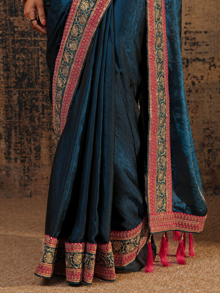 Navy Blue Solid Tissue Saree With Unstitched Blouse Piece