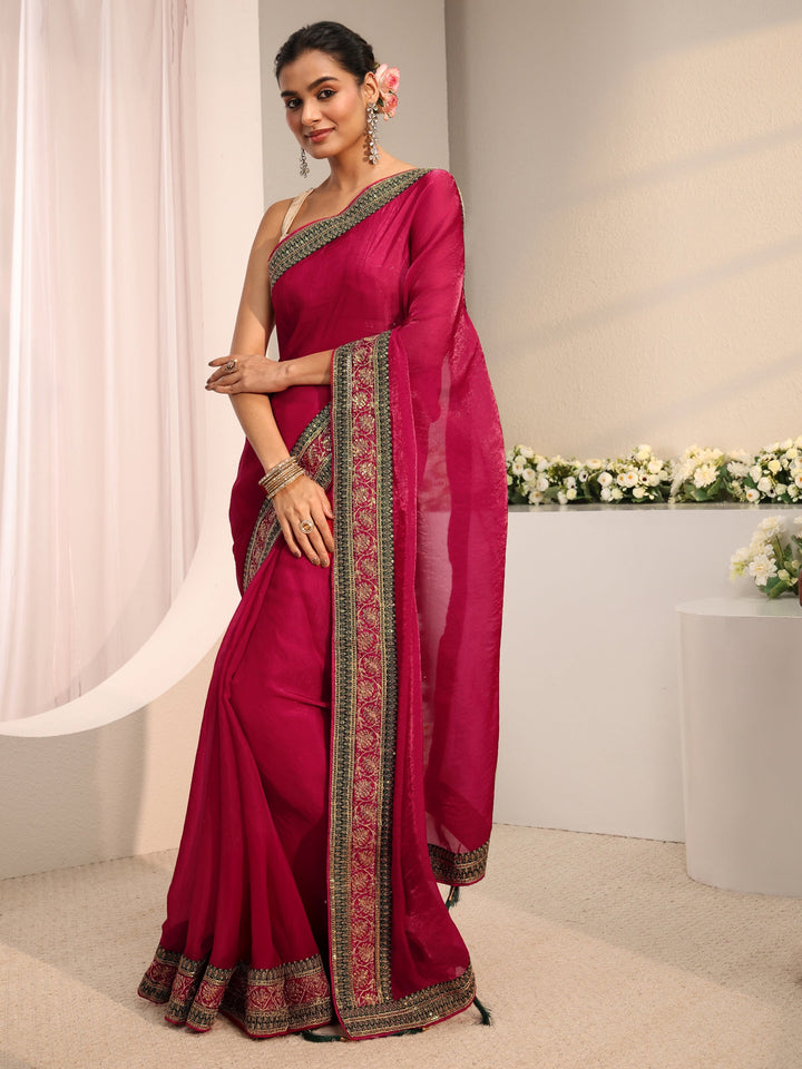 Pink Solid Tissue Saree With Unstitched Blouse Piece