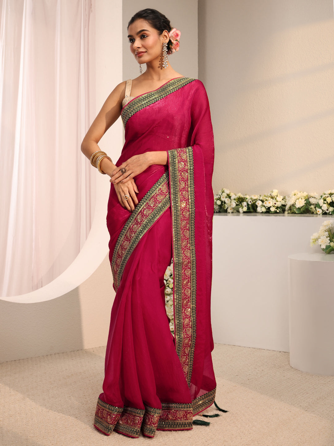 Pink Solid Tissue Saree With Unstitched Blouse Piece