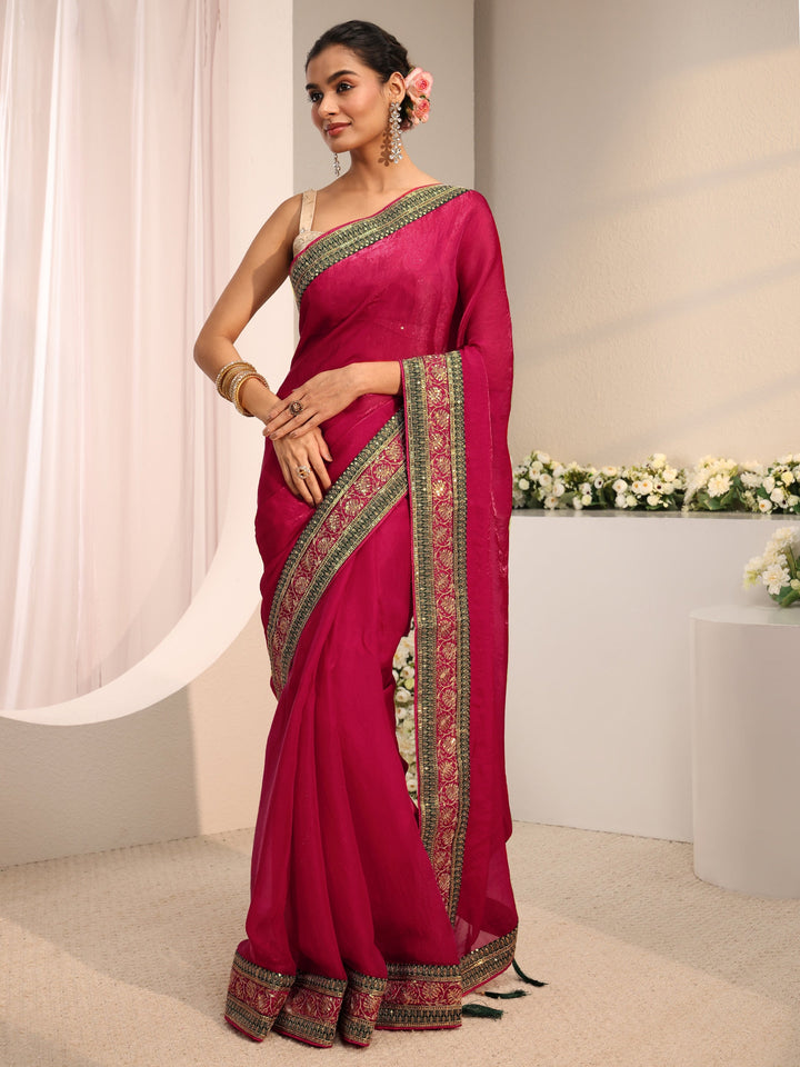 Pink Solid Tissue Saree With Unstitched Blouse Piece
