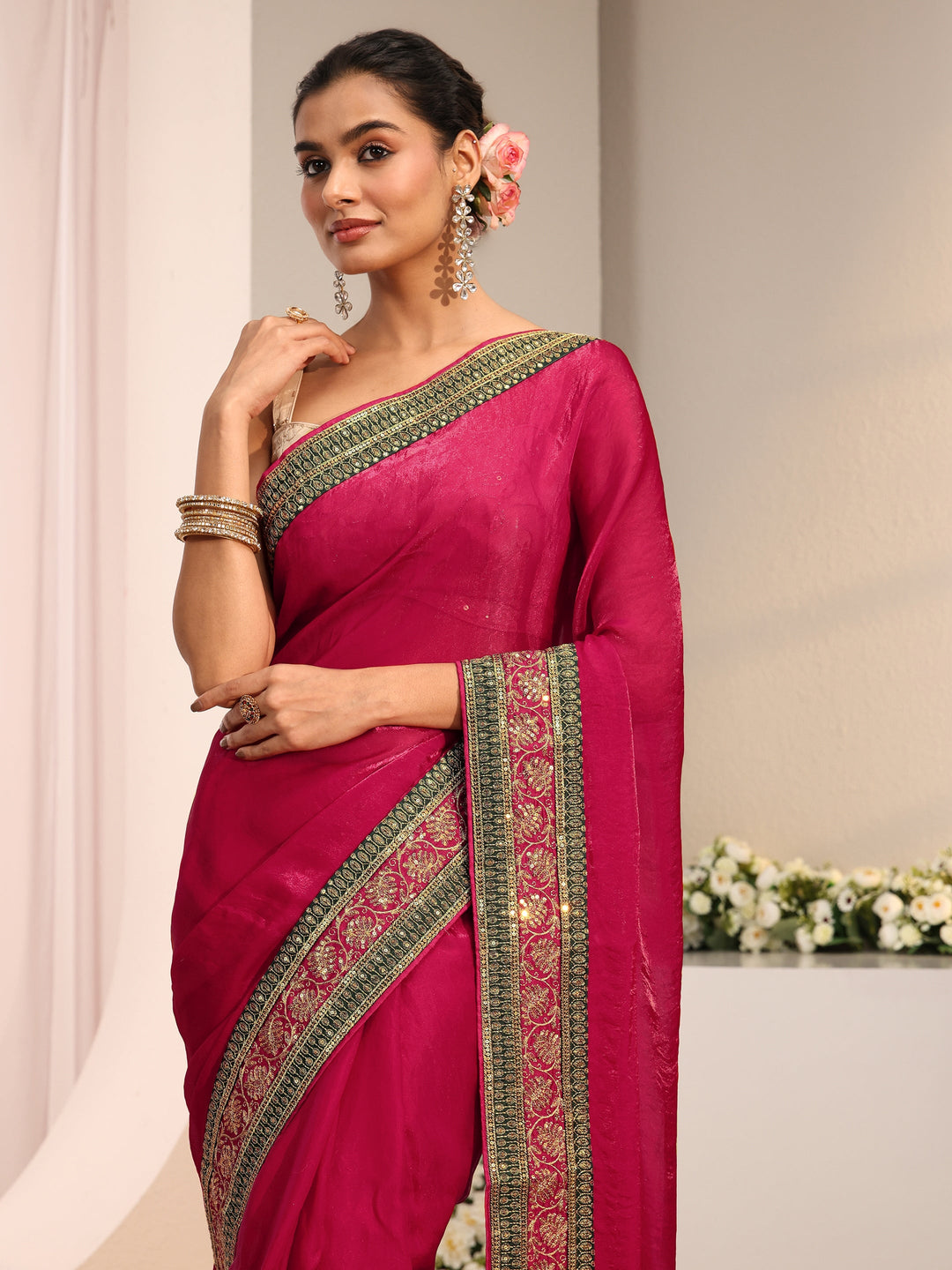 Pink Solid Tissue Saree With Unstitched Blouse Piece