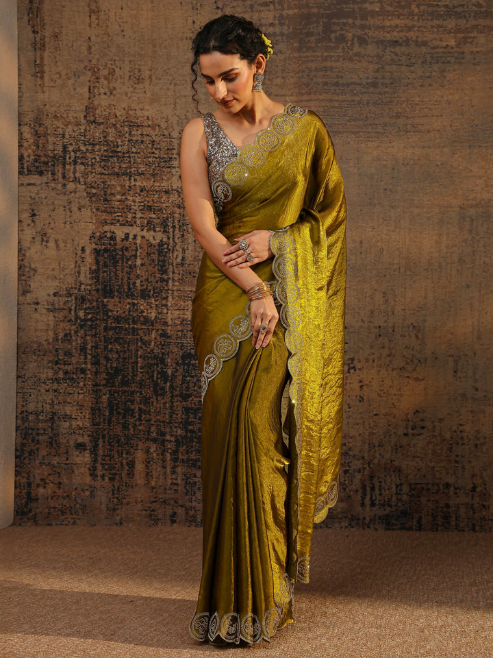 Olive Solid Tissue Saree With Unstitched Blouse Piece