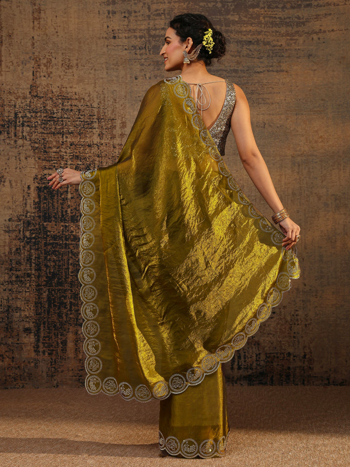 Olive Solid Tissue Saree With Unstitched Blouse Piece