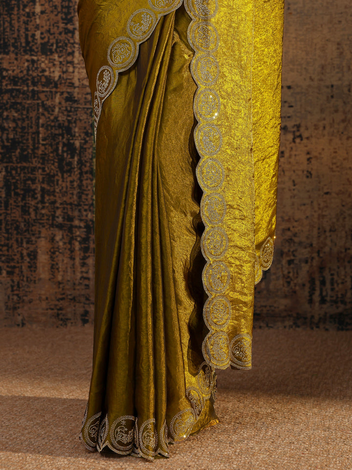 Olive Solid Tissue Saree With Unstitched Blouse Piece