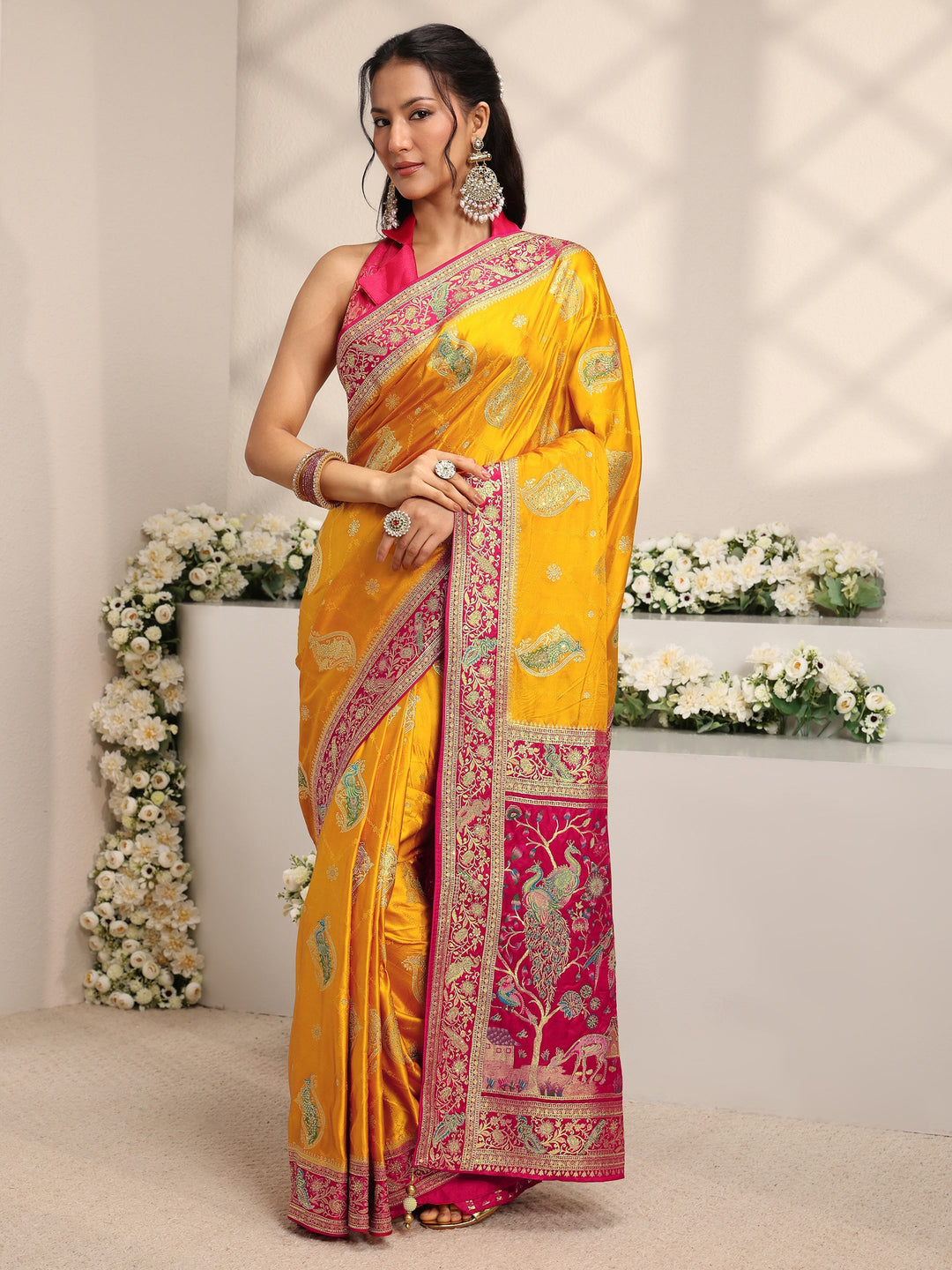 Libas Art Mustard Ethnic Motif Self Design Satin Saree
