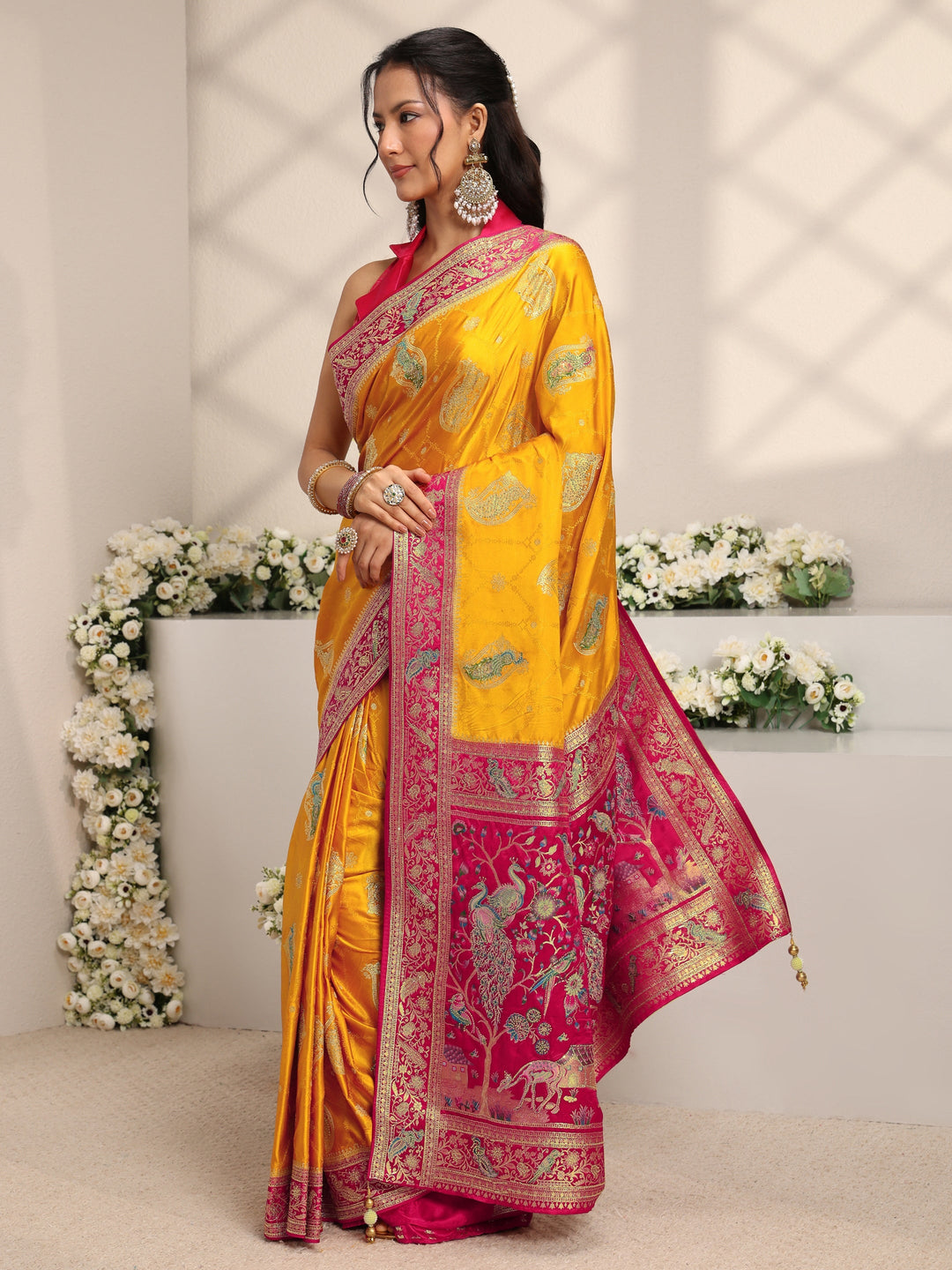 Libas Art Mustard Ethnic Motif Self Design Satin Saree