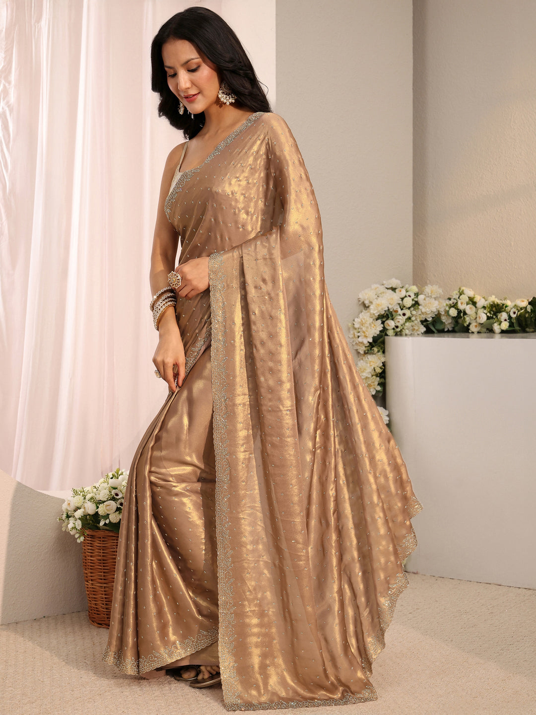 Libas Art Taupe Embellished Satin Saree With Unstitched Blouse Piece