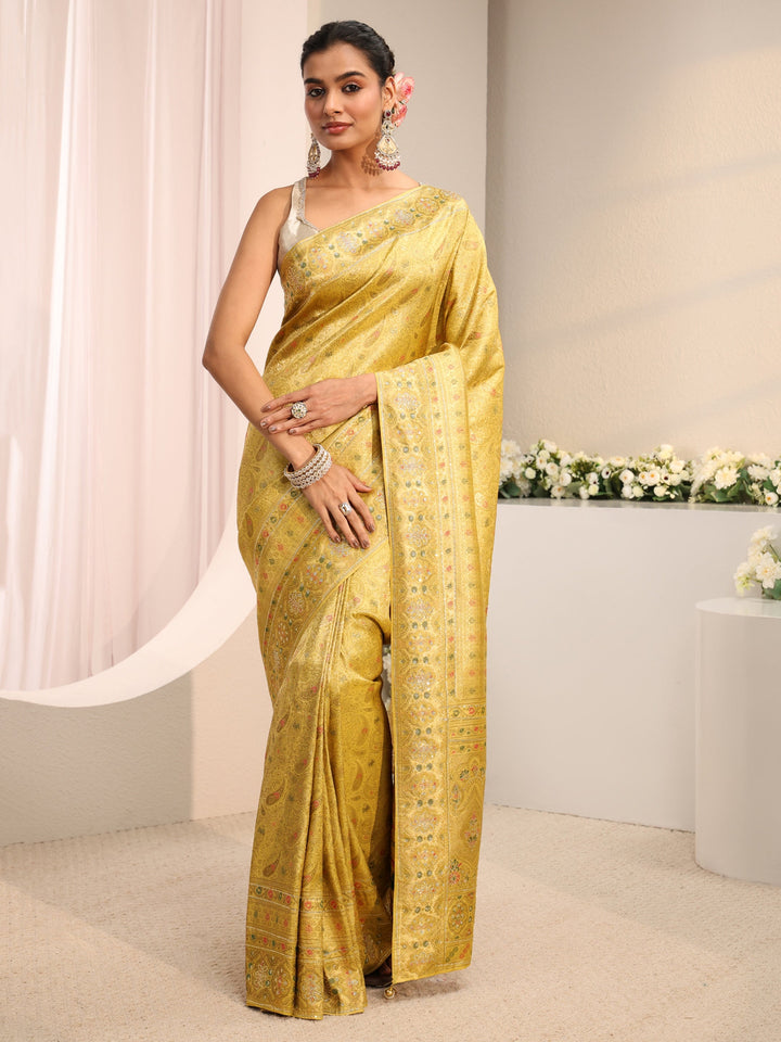 Libas Art Green Ethnic Woven Design Silk Blend Saree With Unstitched Blouse Piece