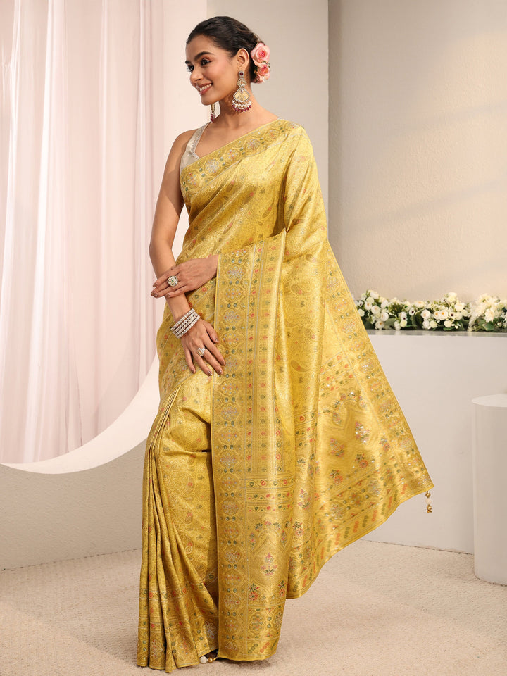 Libas Art Green Ethnic Woven Design Silk Blend Saree With Unstitched Blouse Piece