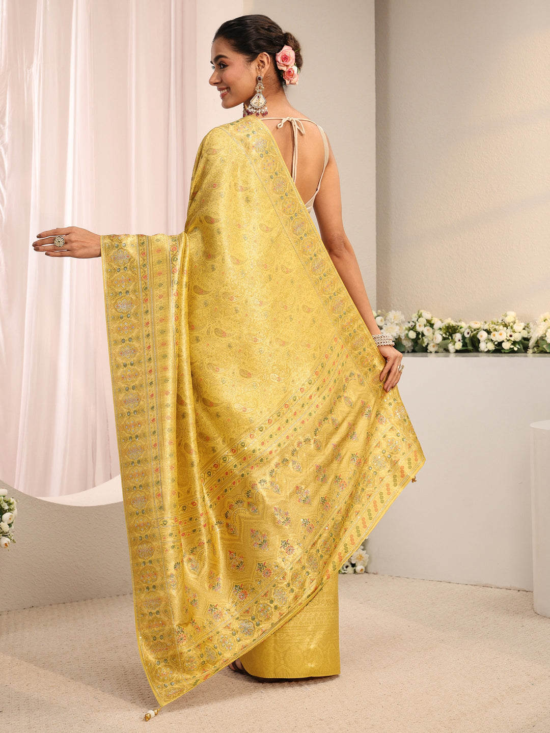 Libas Art Green Ethnic Woven Design Silk Blend Saree With Unstitched Blouse Piece