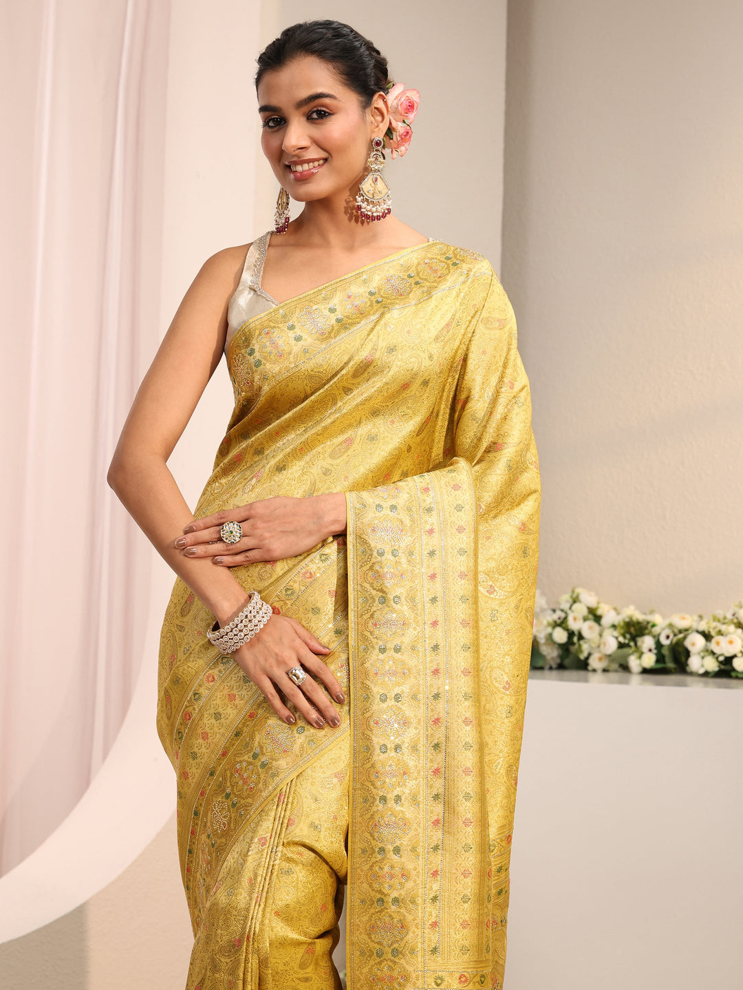 Libas Art Green Ethnic Woven Design Silk Blend Saree With Unstitched Blouse Piece