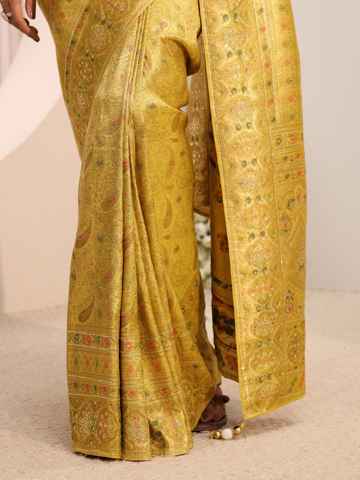 Libas Art Green Ethnic Woven Design Silk Blend Saree With Unstitched Blouse Piece