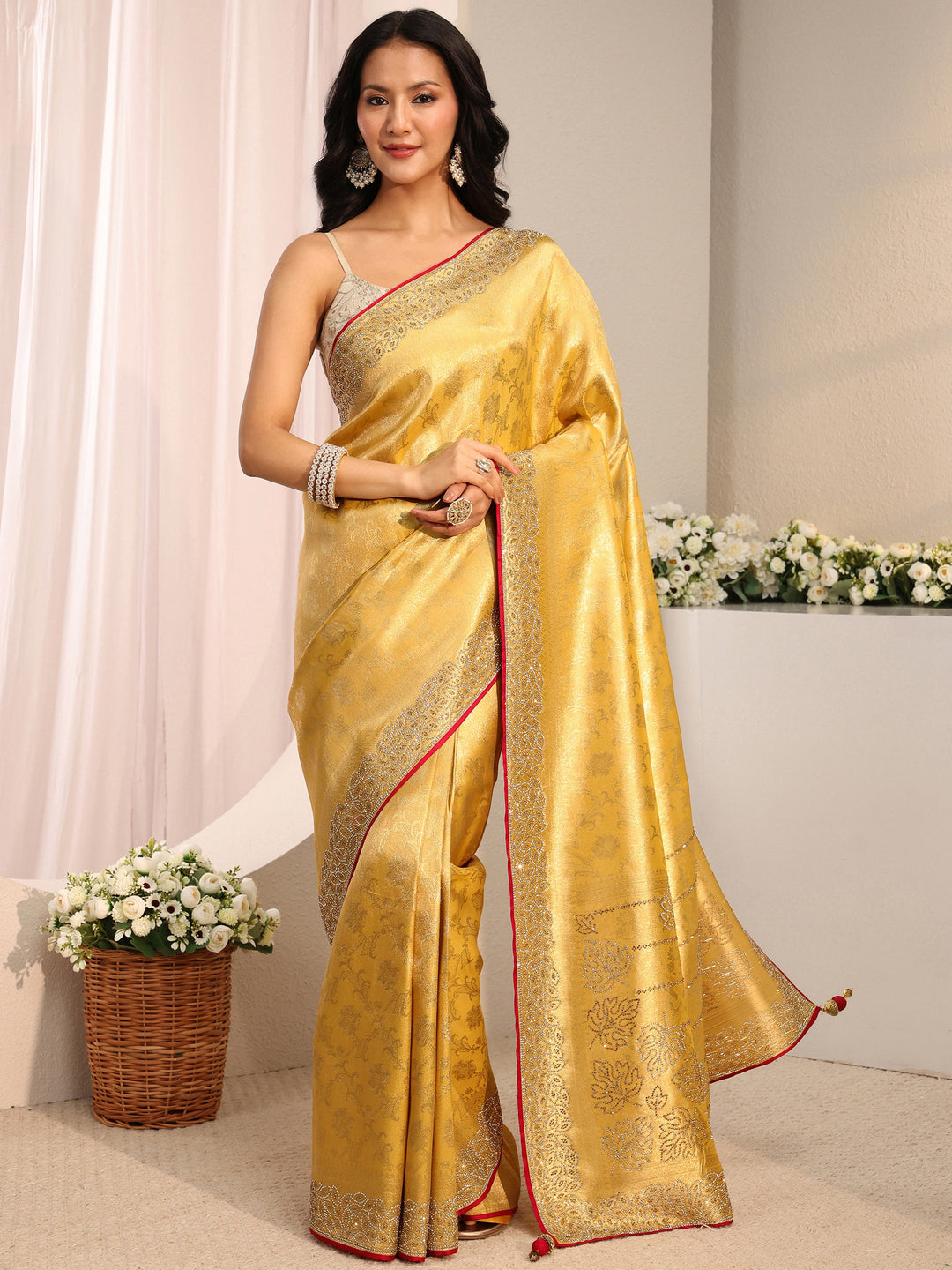 Libas Art Mustard Floral Woven Design Silk Blend Saree With Unstitched Blouse Piece