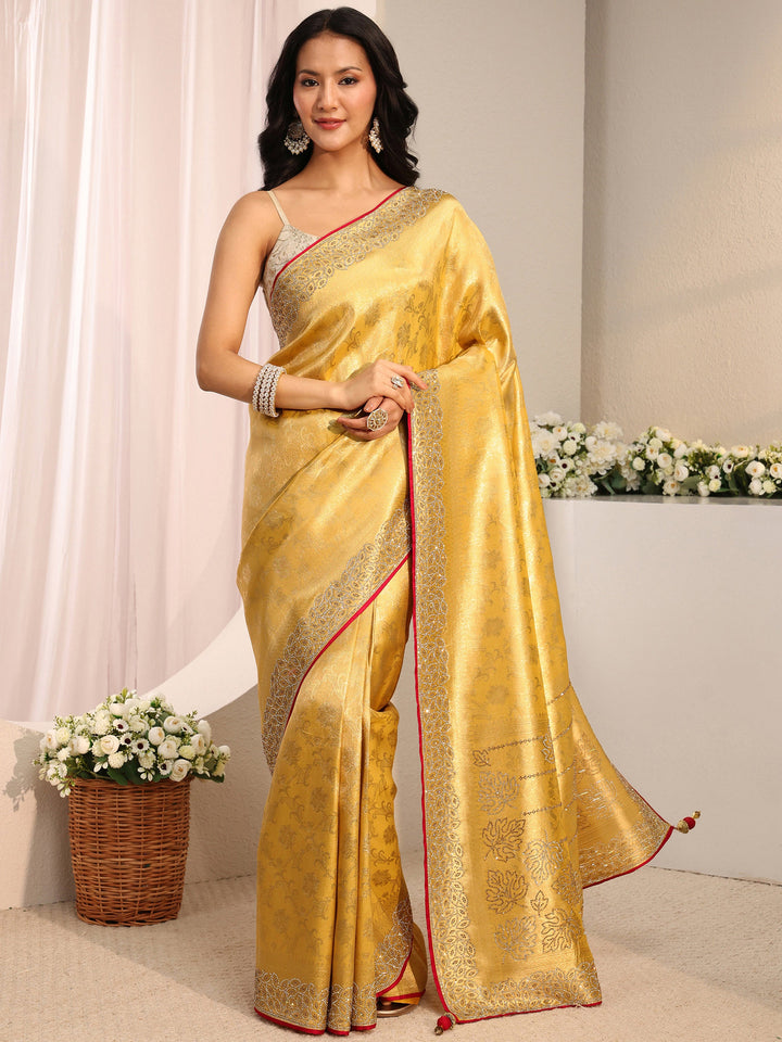 Libas Art Mustard Floral Woven Design Silk Blend Saree With Unstitched Blouse Piece