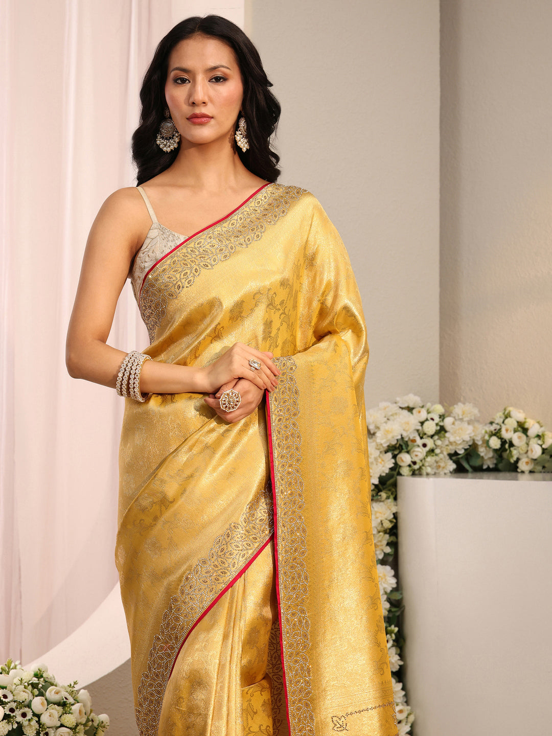 Libas Art Mustard Floral Woven Design Silk Blend Saree With Unstitched Blouse Piece