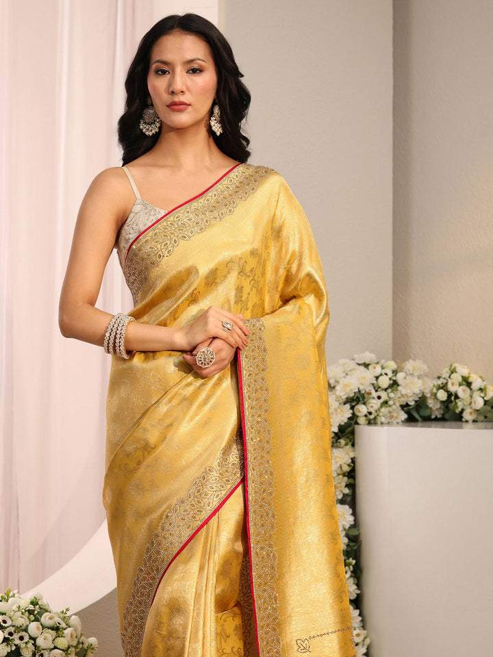 Libas Art Mustard Floral Woven Design Silk Blend Saree With Unstitched Blouse Piece