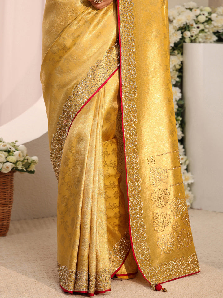 Libas Art Mustard Floral Woven Design Silk Blend Saree With Unstitched Blouse Piece