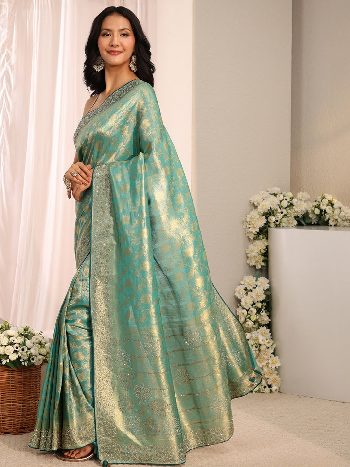 Libas Art Blue Floral Woven Design Silk Blend Saree With Unstitched Blouse Piece