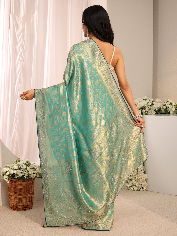 Libas Art Blue Floral Woven Design Silk Blend Saree With Unstitched Blouse Piece