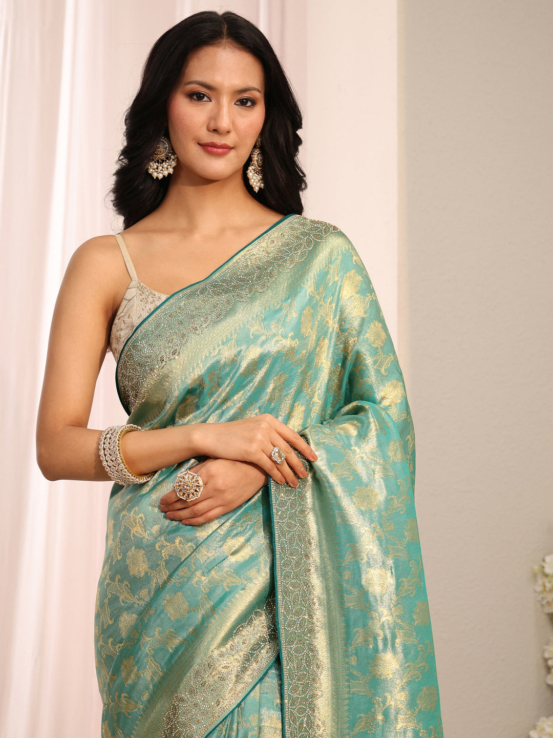 Libas Art Blue Floral Woven Design Silk Blend Saree With Unstitched Blouse Piece