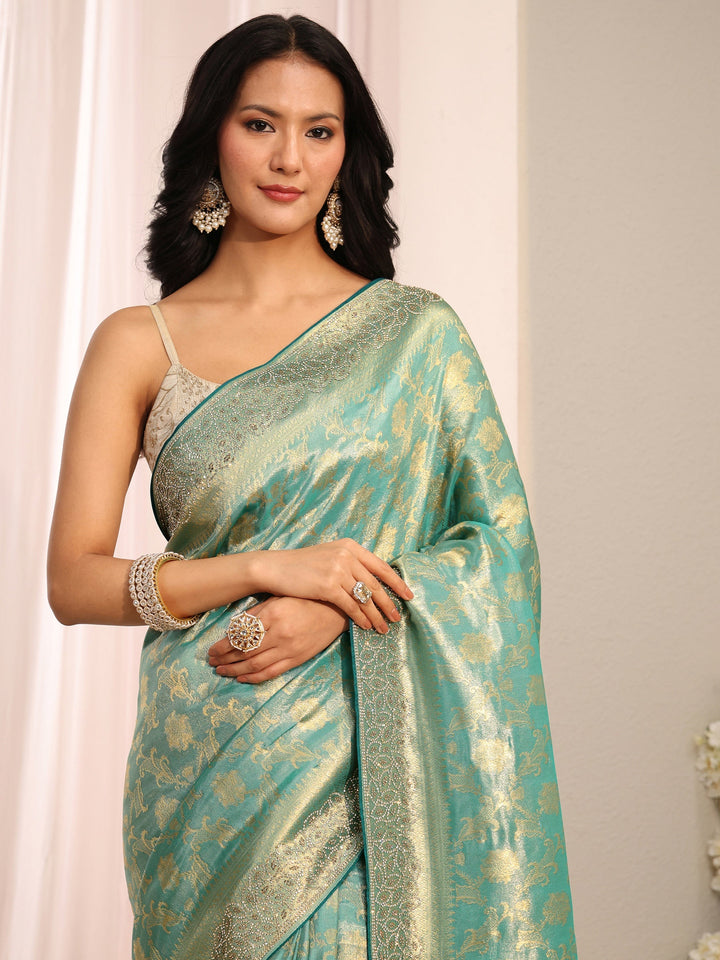 Libas Art Blue Floral Woven Design Silk Blend Saree With Unstitched Blouse Piece