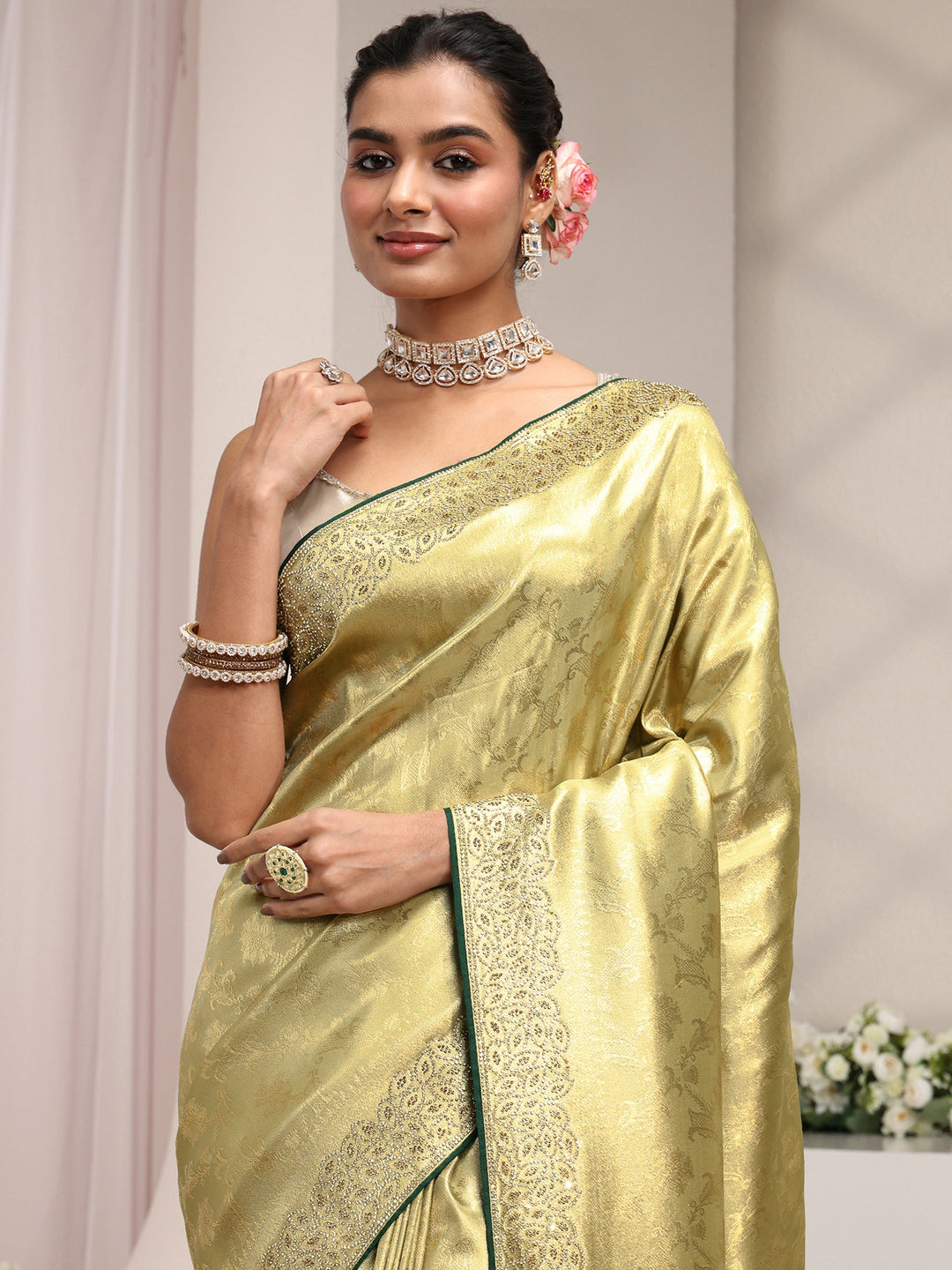 Libas Art Green Floral Woven Design Silk Blend Saree With Unstitched Blouse Piece