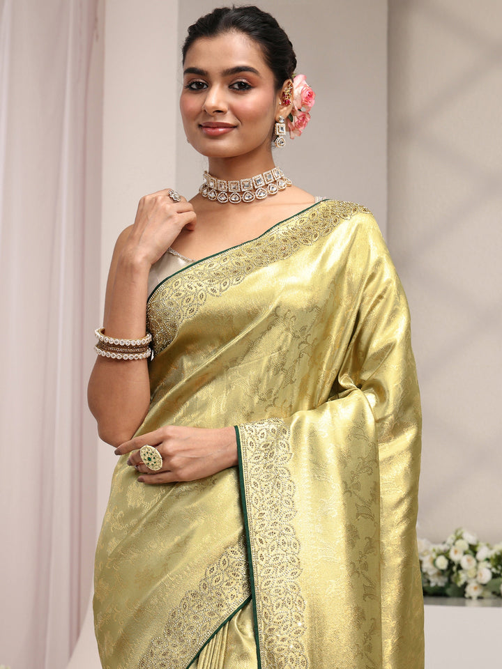 Libas Art Green Floral Woven Design Silk Blend Saree With Unstitched Blouse Piece