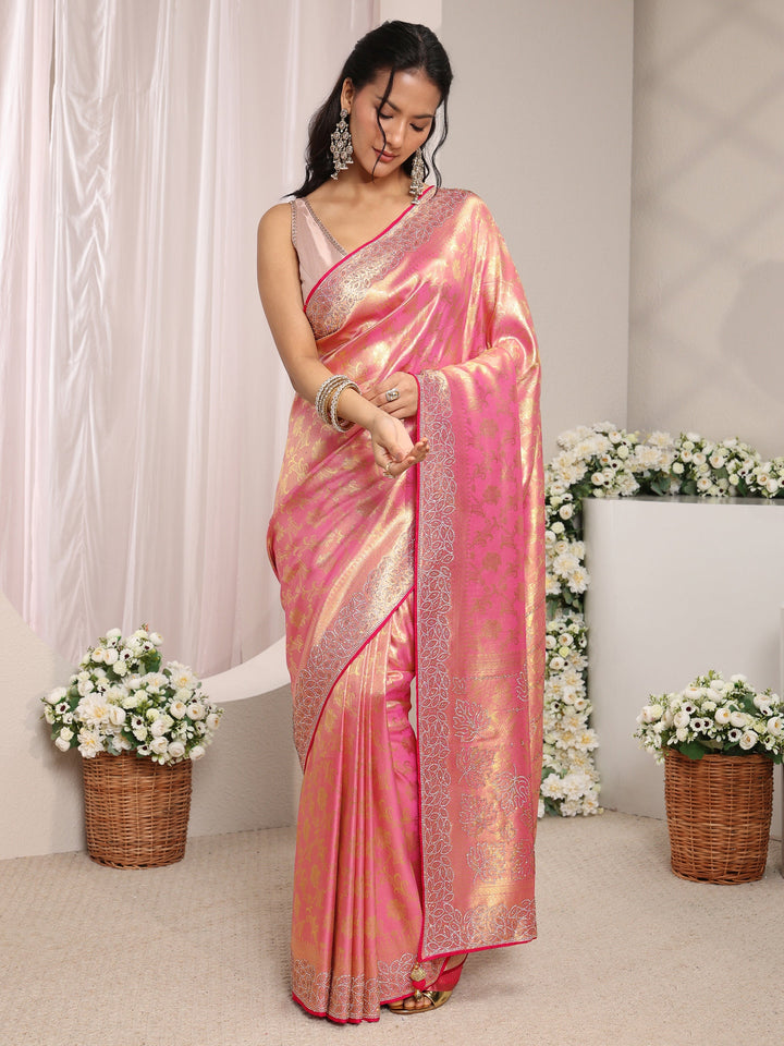 Libas Art Pink Floral Woven Design Silk Blend Saree With Unstitched Blouse Piece