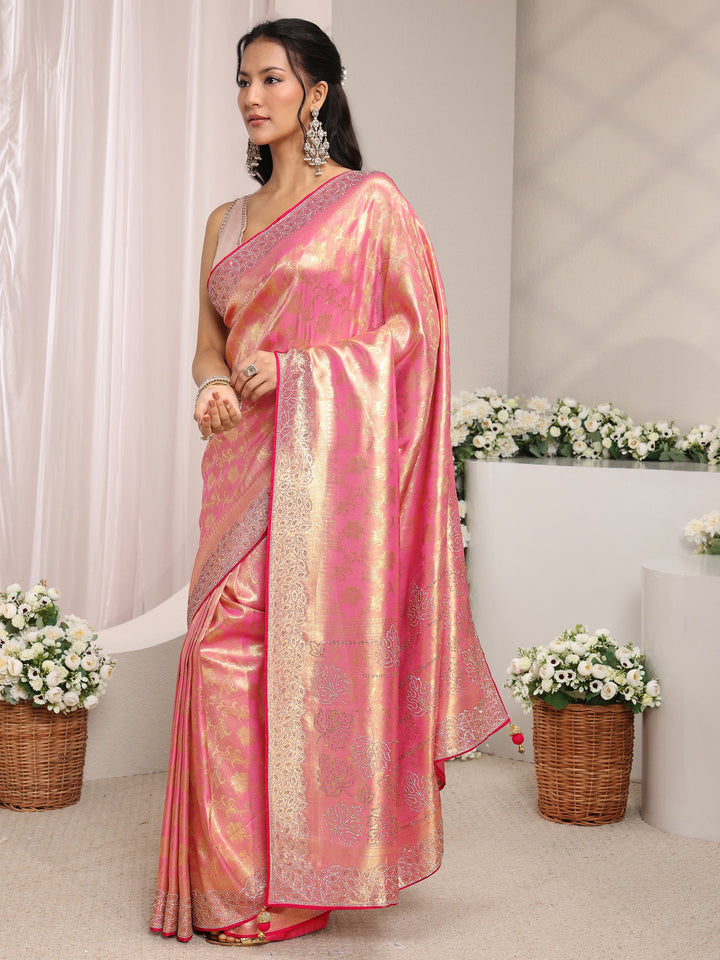 Libas Art Pink Floral Woven Design Silk Blend Saree With Unstitched Blouse Piece