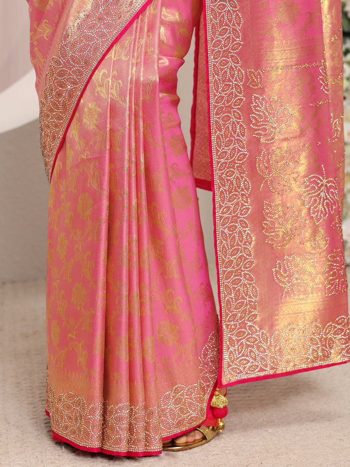Libas Art Pink Floral Woven Design Silk Blend Saree With Unstitched Blouse Piece