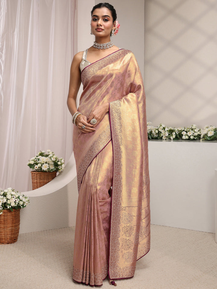 Libas Art Lavender Floral Woven Design Silk Blend Saree With Unstitched Blouse Piece