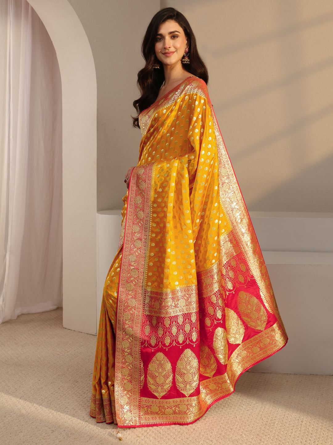 Libas Art Mustard Banarasi Satin Saree With Unstitched Blouse Piece
