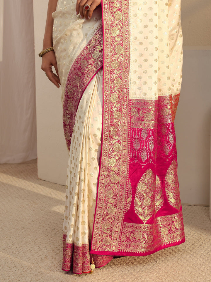 Libas Art Ivory Banarasi Satin Saree With Unstitched Blouse Piece