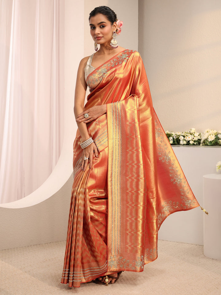 Orange Embellished Border Silk Blend Saree With Unstitched Blouse Piece