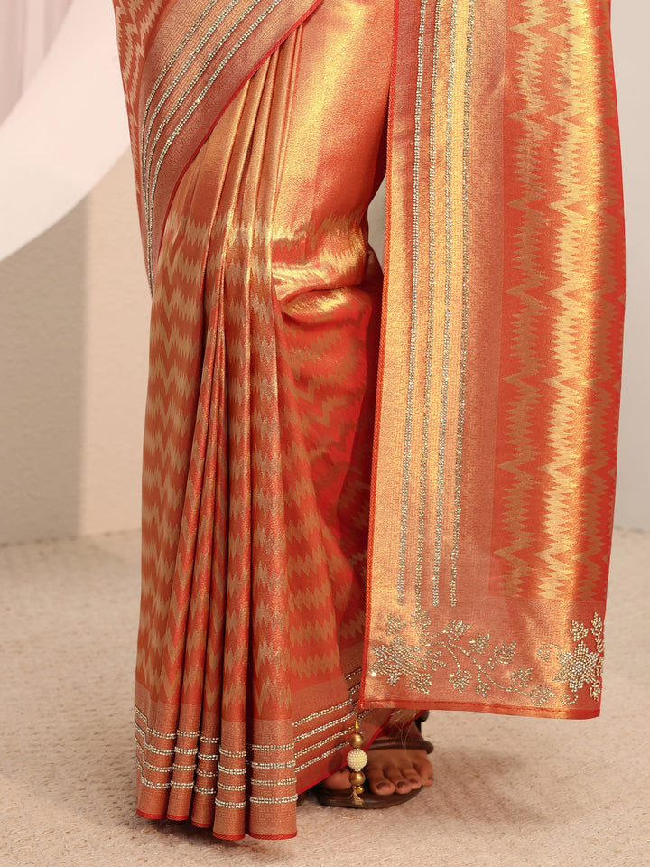 Orange Embellished Border Silk Blend Saree With Unstitched Blouse Piece