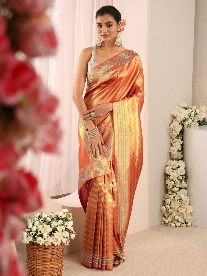 Orange Embellished Border Silk Blend Saree With Unstitched Blouse Piece