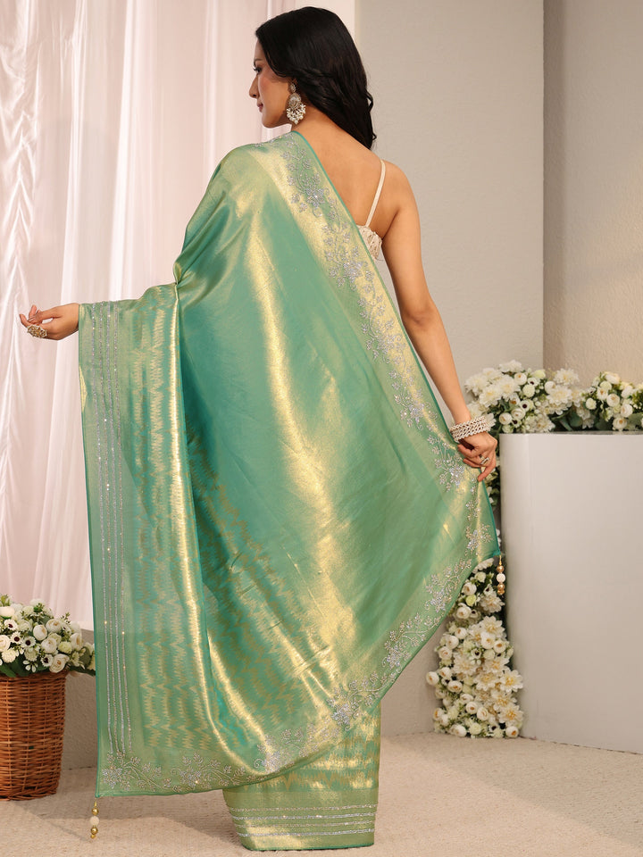 Green Embellished Border Silk Blend Saree With Unstitched Blouse Piece