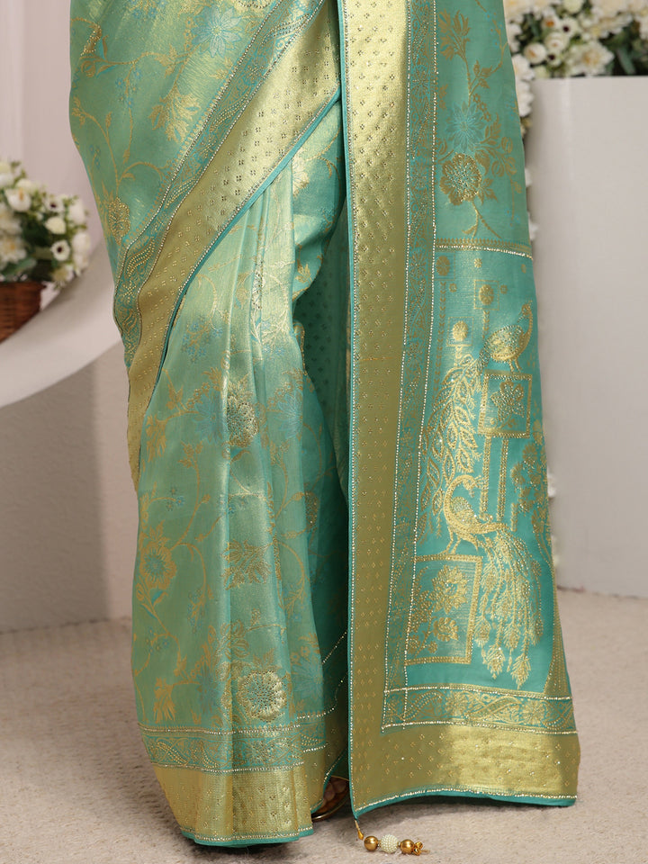 Green Floral Woven Design Silk Blend Saree With Unstitched Blouse Piece
