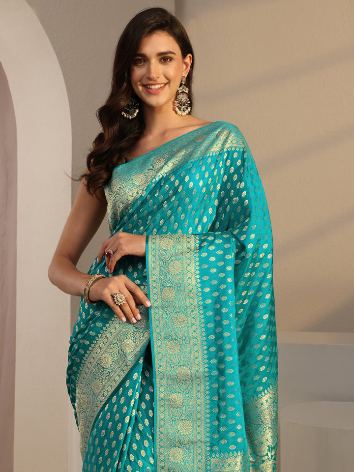 Green Banarasi Silk Blend Saree With Unstitched Blouse Piece