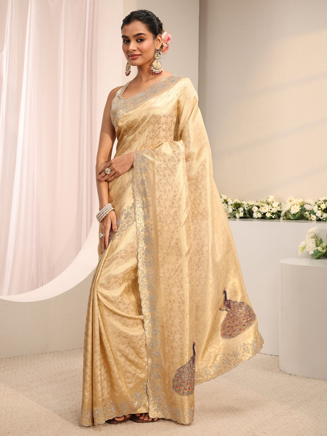 Libas Art Gold Floral Woven Design Silk Blend Saree With Unstitched Blouse Piece