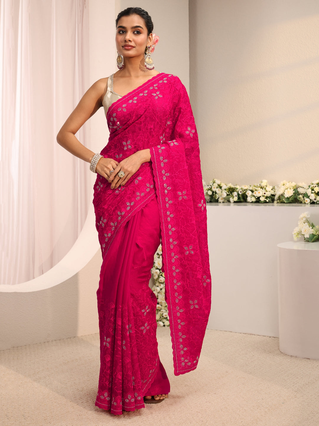 Pink Floral Embellished Tissue Saree With Unstitched Blouse Piece