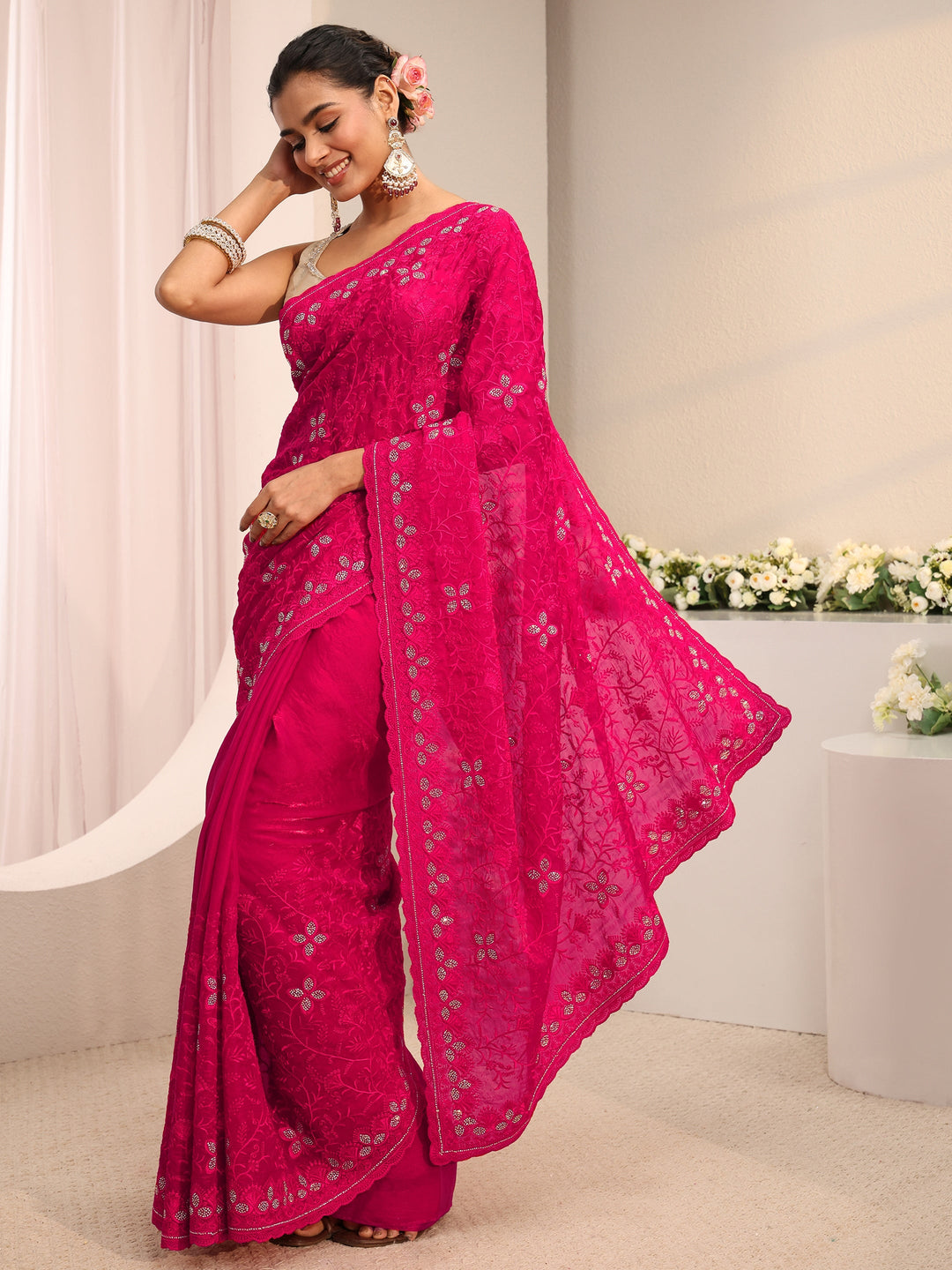 Pink Floral Embellished Tissue Saree With Unstitched Blouse Piece