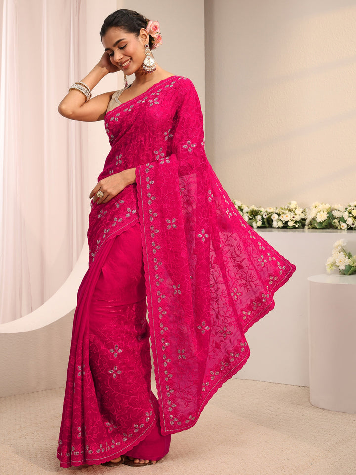 Pink Floral Embellished Tissue Saree With Unstitched Blouse Piece